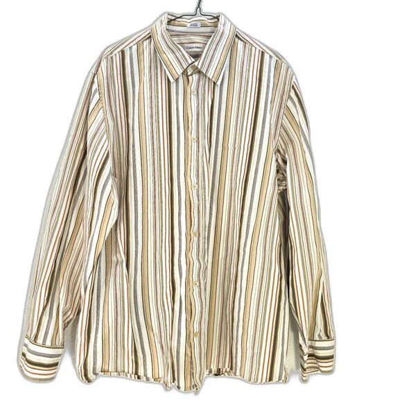 Calvin Klein Long Sleeve Dress Shirt Mens XL Button Down Striped Brown White Red - Picture 1 of 9